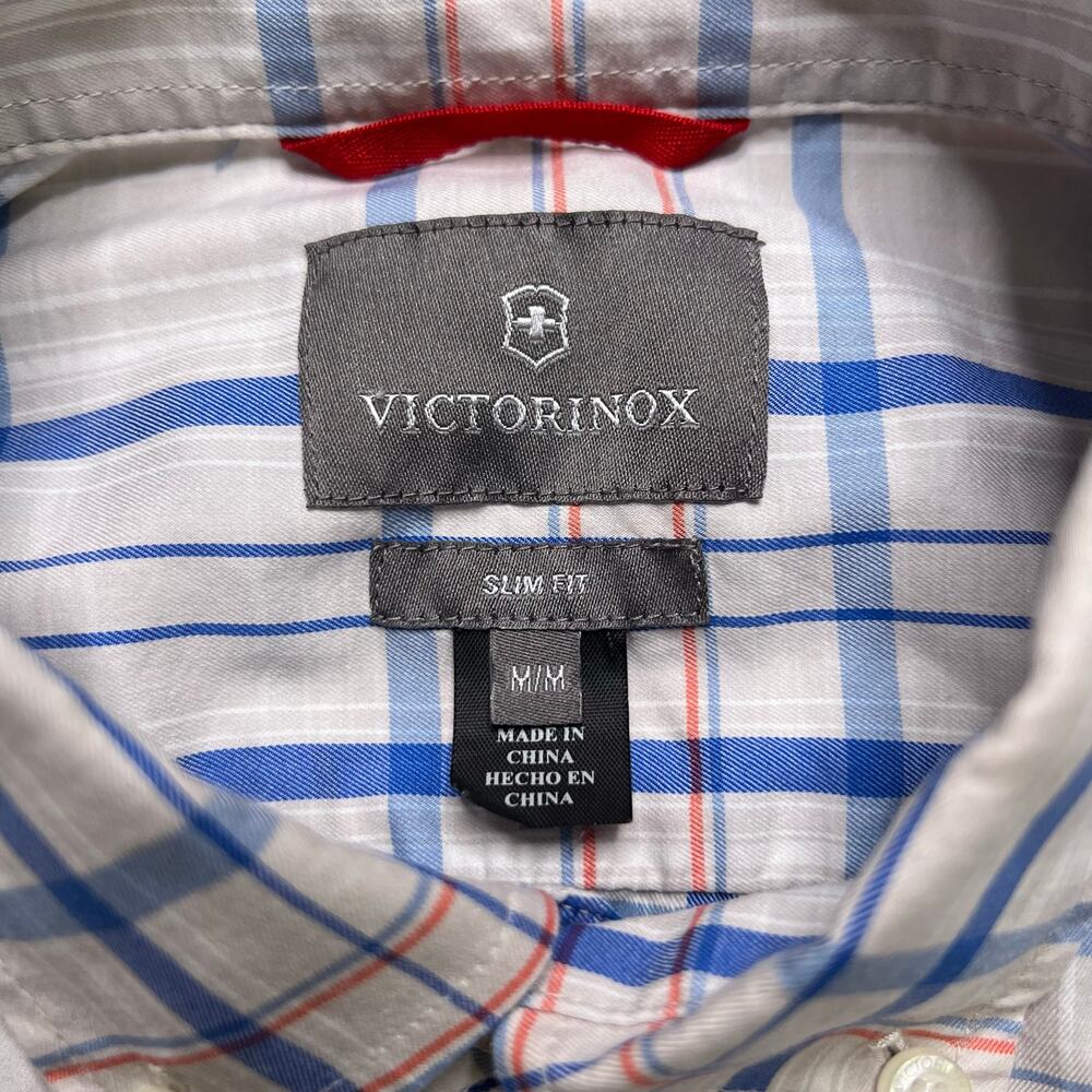 Victorinox Button Down Shirt‎ Men’s Medium Slim Fit Plaid White Blue Long Sleeve - Picture 3 of 10